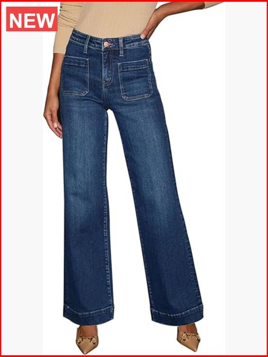 Denim - Stretchy High Waisted Straight Leg Wide Leg Jeans with Pockets